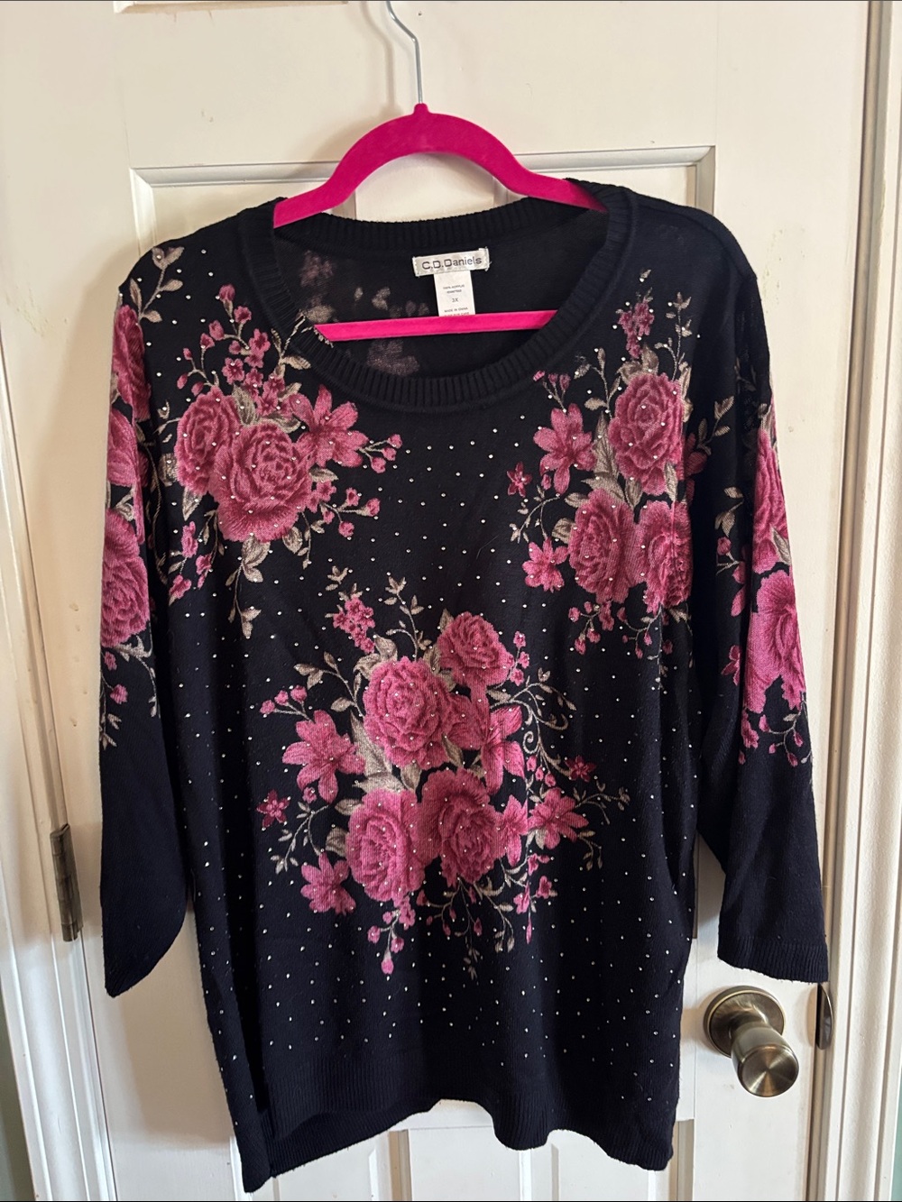 CD Daniel Black Crewneck Sweater with Pink Floral Embroidery